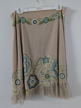 Beige Embroidered Floral Midi Skirt with Tulle Hem